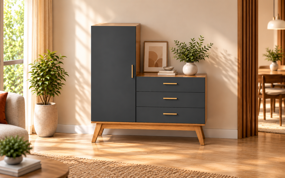 Nexa Storage Cabinet showing its tall door, three drawers, walnut side panel and angled legs