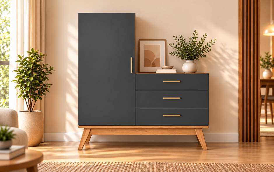 Wardro Nexa Storage Cabinet with charcoal grey fronts, walnut-look detailing and three drawers