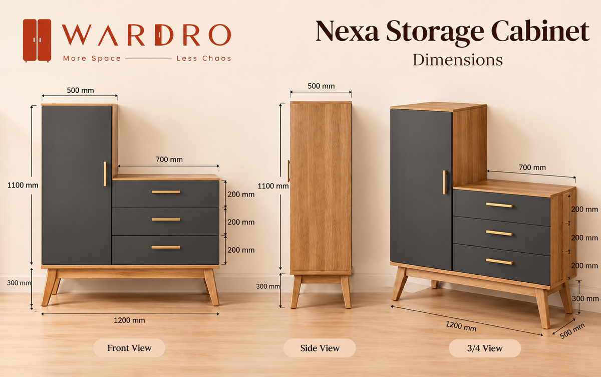 Nexa Storage Cabinet dimensions showing 1200 mm width, 500 mm depth, 1100 mm cabinet body and 300 mm legs
