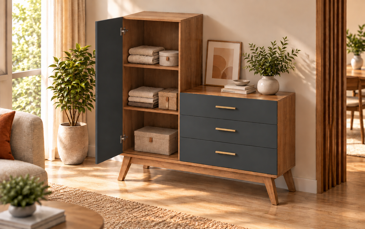 Nexa Storage Cabinet with open tall compartment and two internal shelves
