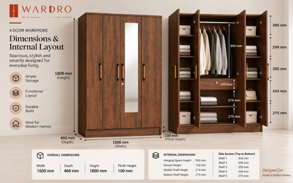 Wardro 4 Door Wardrobe Walnut 